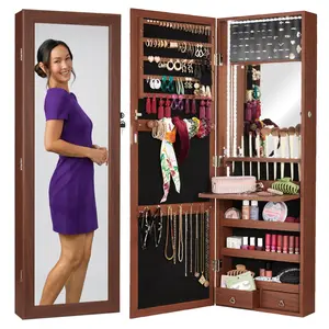 Best Choice Products Hanging Mirror Jewelry Armoire, Door or Wall Mounted Cabinet w/ LED Lights, Lock