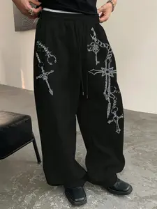 Men's Casual Sporty Long Pants, Keychain Cross Print, Drawstring Wide Leg, All-Season Loose-Fit Woven Fabric, Men's Fashion Bottoms