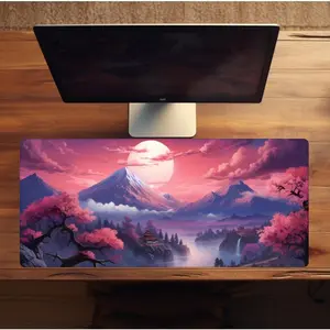 SAKURA FOOTHILLS DESKMAT - aesthetic mousepad for pc gaming and desk setup - pink and blue Japanese landscape blossom deskpad - pink & purple