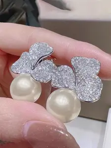 1 Pair Cute Cubic Zirconia & Faux Pearl Stud Earrings For Women For Wedding Engagement Anniversary Party Jewelry Valentine's Day Gift