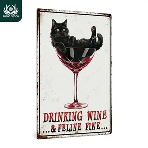 Vintage Metal Tin Sign, 1 Count Creative Drinking Wine & Cat Pattern Sign, Wall Art Decor for Home & Farmhouse & Bar Club