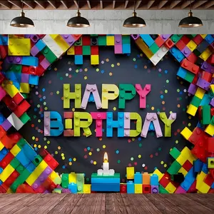Colorful Building Blocks Birthday Backdrop Banner, Perfect Party Supplies & Decorations, Ideal for Cake Table, Interior, Wall, Patio, Hallway