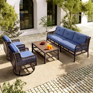 Aobtkel®GO 4 Pieces Patio Furniture Set with Swivel Chairs, Outdoor Wicker Sofas for 5-person, Sectional Rattan Outdoor Conversation Set for Poolside Backyard Deck, Blue#Summervibes