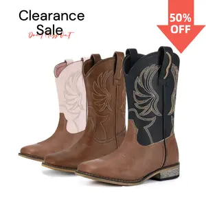 Clearance Sale Black Cowboy Boots for Women Embroidered Western Cowgirl Boots Mid Calf Square Toe Block Heel Boots Retro Vintage Style Casual Riding Boots for Women