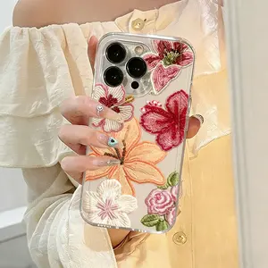 Embroidered Flowers Phone Case， Elegant Botanical Art Style for iPhone 17 16 15 14 13 12 11 Plus Pro Max， Delicate Floral Gift.