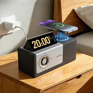 GoldJoy 7-in-1 Wireless Charging Station - 15W Fast Charger Dock, Flip-Up Screen Bluetooth Heavy Bass Speaker, Sunset Projection Lamp, White Noise Machine, Alarm Clock for iPhone, Samsung (Desktop Nightstand Hub)