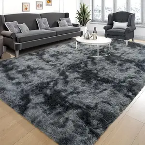 Luxurious Rectangular Shaggy Plush Carpet Rug - Tie-Dyed, Solid, Dark-Color, Dirt-Resistant, Non-Slip, Machine Washable, 100% Polyester Blend