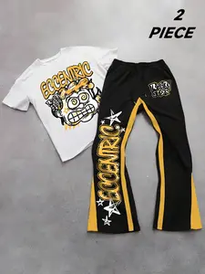 Men's 2-Piece Eccentric Street Style Fitted Set, Athletic Casual Suit, Graphic Tee and Sequin Pants, Soft Breathable Fabric, Casual Daily Wear, Party, Outfit