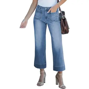 Wide Leg Jeans for Women Trendy High Waisted Flare Jeans Cropped Denim Pants Stretchy Baggy with Patch PocketsGift