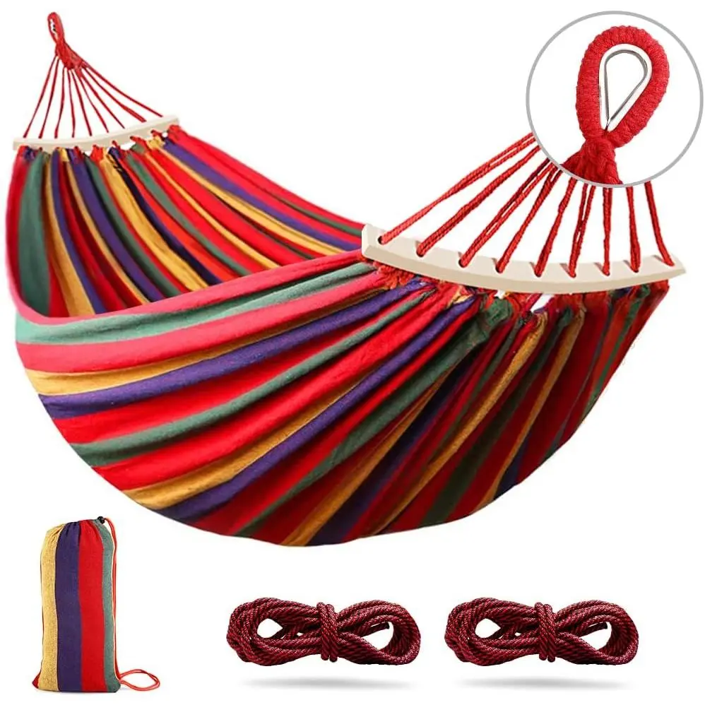 275 x 155 cm Camping Hammock, Hammocks Thickened Canvas Fabric with 550lb Load Capacity, Two Anti Roll  Beam and Sturdy Metal Knot Tree Straps for Travel, Beach, Backyard etc.