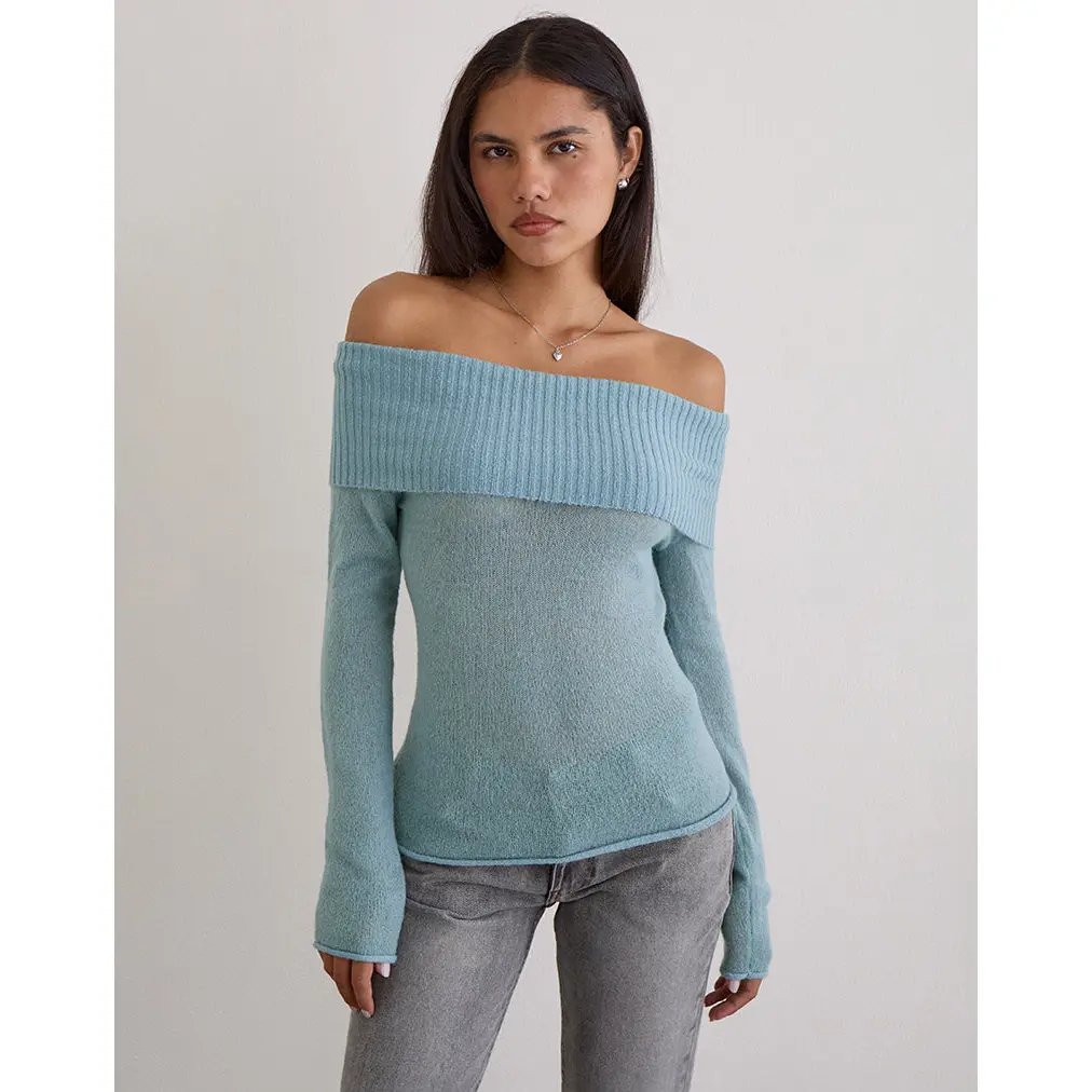 Lune Bardot Jumper in Knit Blue