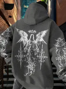 Men's Gothic Punk Streetwear Hoodie - Angel, Thorns & Barbed Wire Print | Regular Fit Fleece-Lined Sweatshirt for Spring/Fall/Winter | Machine Washable Urban Fashion Statement | Daily Wear Stylish Tee
