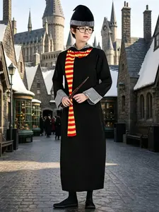 Magic Robe with Gold Striped Scarf, Wizard Hat, Round Frame Glasses, Perfect for Theme Parties, Stage Performances, Cosplay