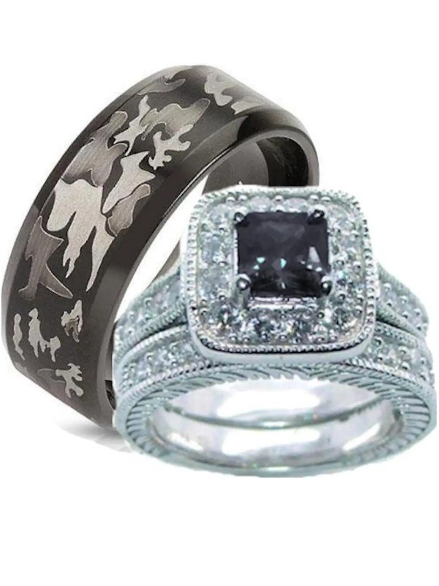 Edwin Earls Couples' Bridal Ring Sets - His & Hers 925 Real Silver Engagement Wedding Bands, Black CZ, Etched Camo Stainless Steel, 925 Real Silver Rings