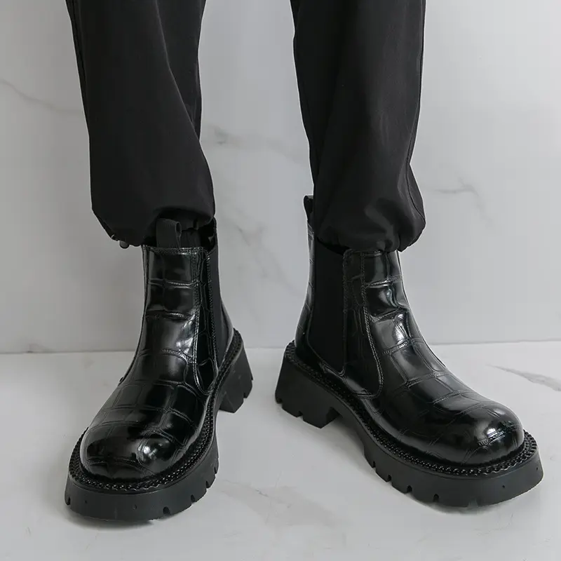 Men's Closed Ankle Chunky Heel Boot - Faux Croc Texture Upper, Thick Rubber Slip-Resistant Sole, Slip-On/Snap Closure, Round Toe, Short Heel, All-Season Comfortable Durable Footwear for Work & Everyday Casual Use