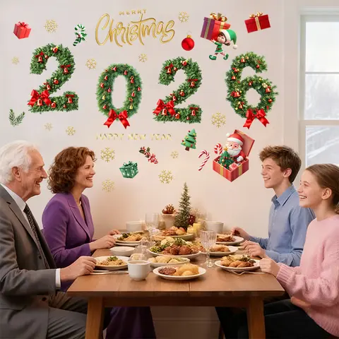 Gingerbread Decor - Festive Christmas 2026 Wall Stickers with Wreaths & Presents for Holiday Decorations 2 Pack Traditional Tree Santa Gift Box & Bow Static Clings for Glass & Mirrors Ornaments