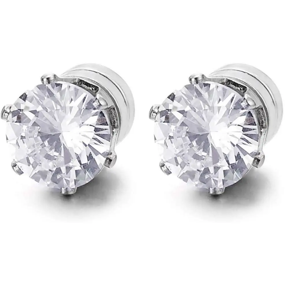 Unisex Magnetic Cubic Zirconia Stud Earrings - Polished Stainless Steel Non-Piercing Jewelry with Classic Style, Elegant Minimalist, High Quality Sparkling Ear Jewelry for Casual Wear