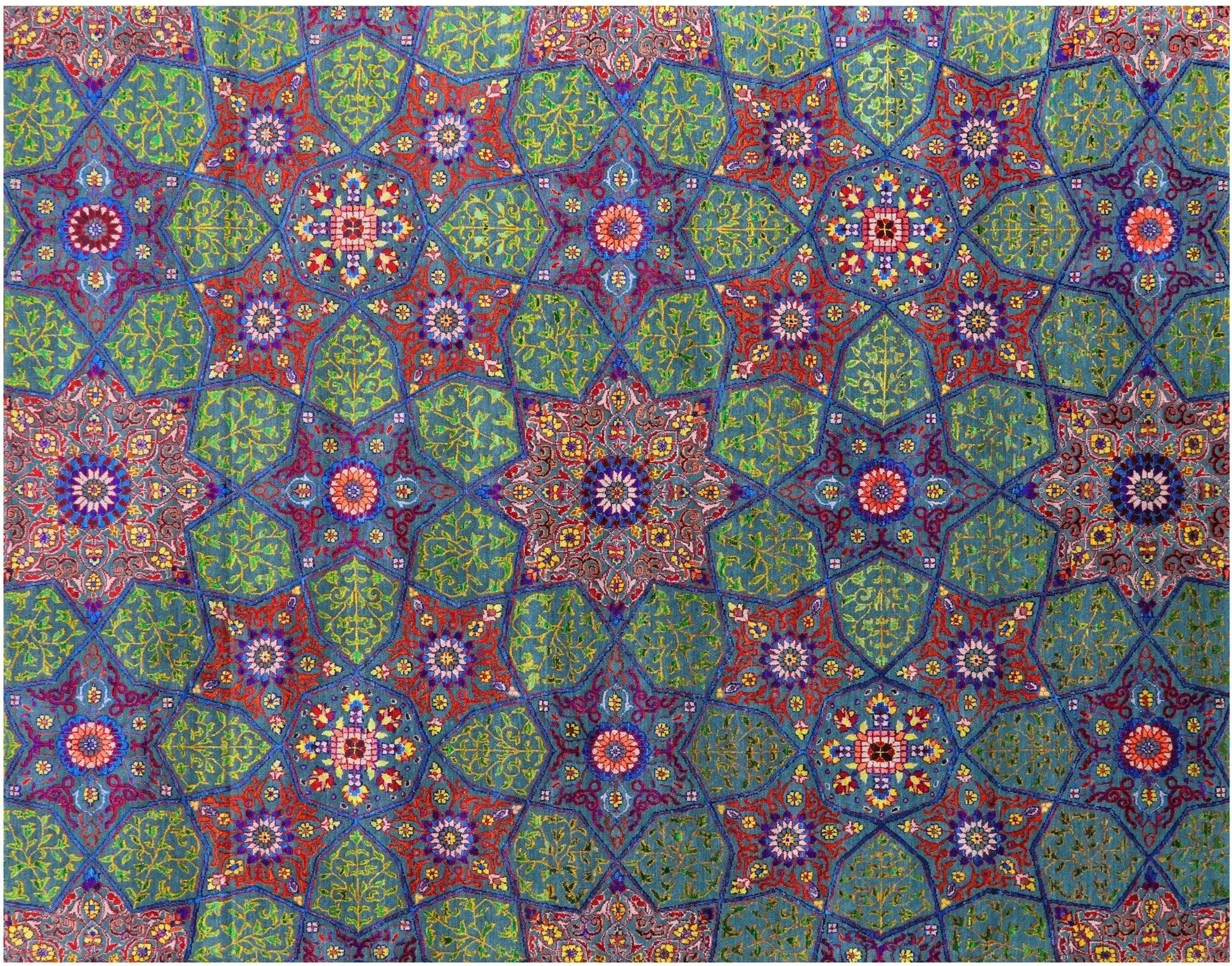 Green Persian Tabriz Hand Knotted Wool & Silk Rug 7' 11" X 10' 2" - Q21609