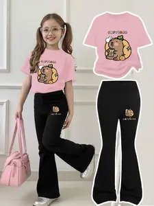 Girls' Capybara Tea Latte Set, Cute Clothing Set, Round Neck Short Sleeve & Bell Pants, Cute Cartoon Style, All Seasons, Children