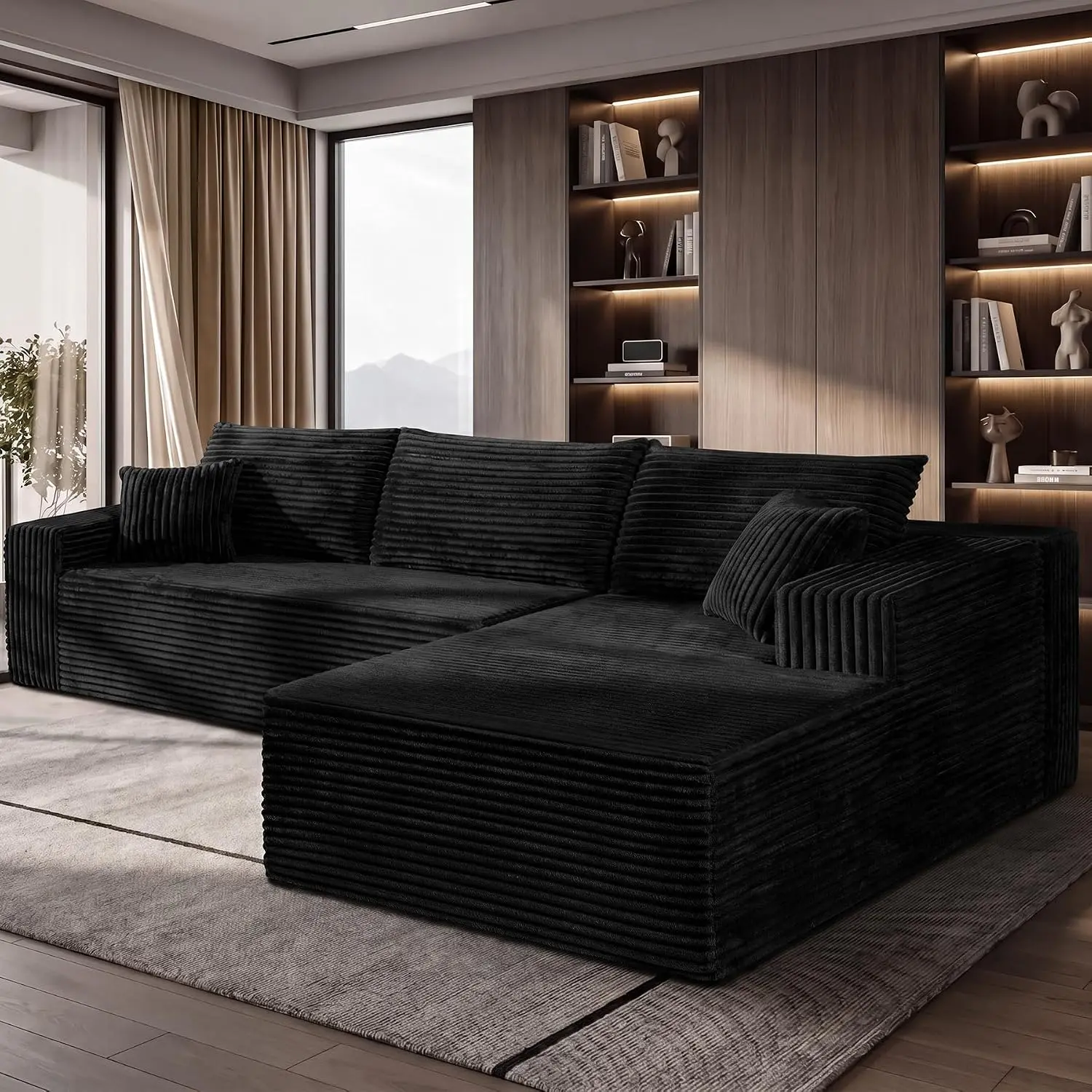 96 in L-Shape Sectional Couch - Modular Convertible Cloud Deep-Seat Upholstered Boneless Couches, Plush Corduroy Lazy Sofa with Floor Chaise Lounge, No-Assembly Modern Sleeper Chair Bed, Living Room Apartment Furniture