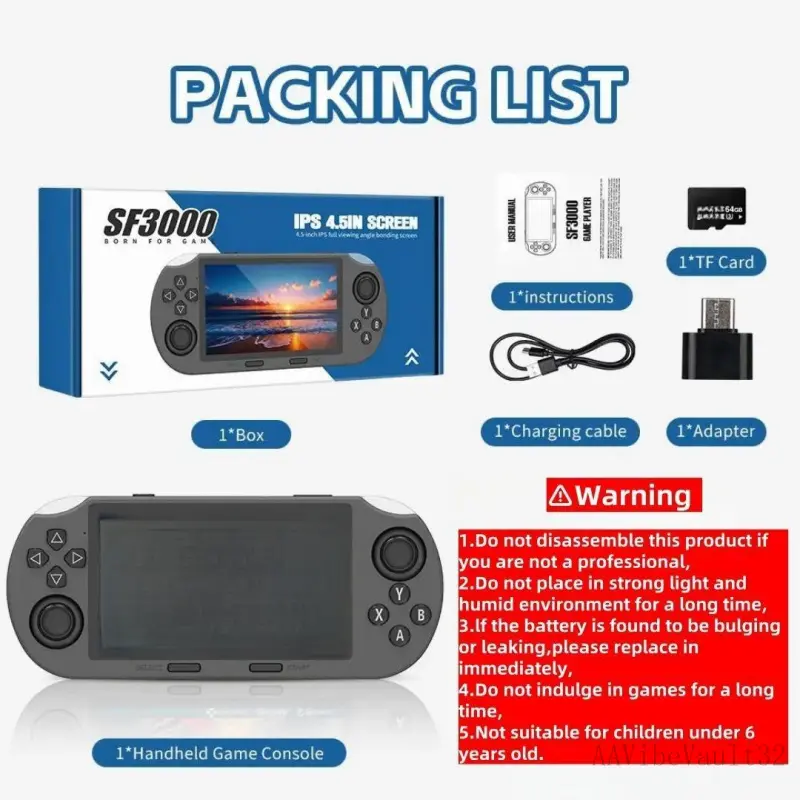 Retro Handheld Video Game Console 3-Piece Set - 4.5in IPS Screen, 3000mAh Battery, 64GB MicroSD TF Card, Controller, Game Stick, Compact Design, Cyber Cables, Cool Boy Gifts for 6 Years and Up, Free Shipping