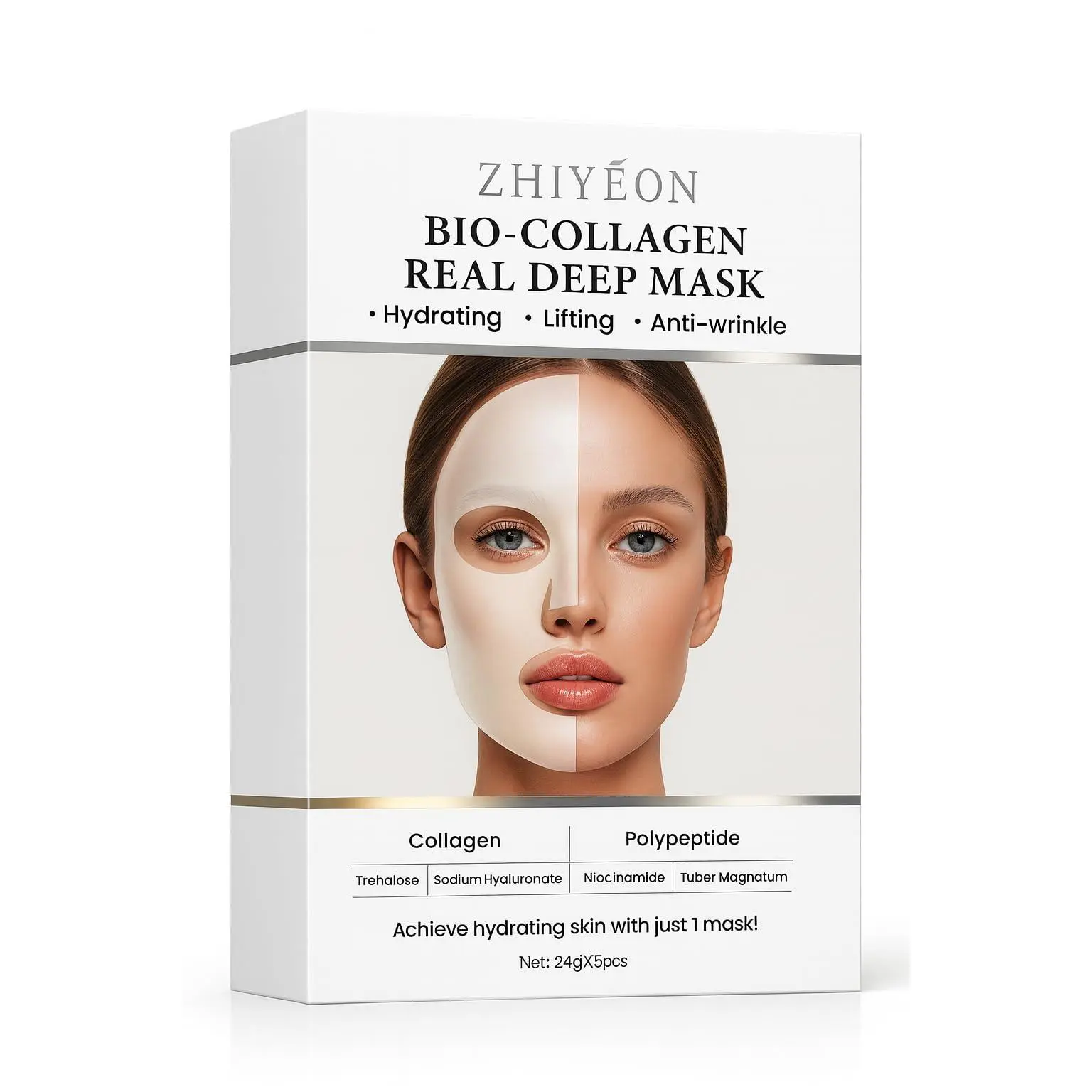 Bio-Collagen Real Deep Mask, Hydrating Anti-Wrinkle Face Mask with Polypeptide, Trehalose, Sodium Hyaluronate, 24g, Pack of 5