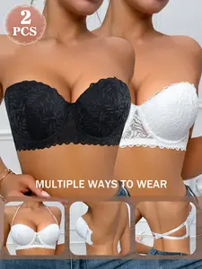 2-pack Women's lace strapless supportive bra with silicone side wings, push-up halter neck Elegant style, suitable for backless dresses.
