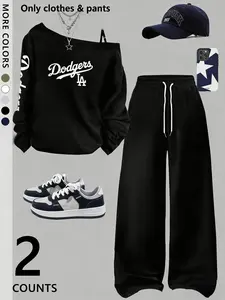 Women's Two-Piece Set Letter Bow, Off-Shoulder Sweatshirt & Bow Wide Leg Pants, Y2K Sweet Streetwear Style Womenswear