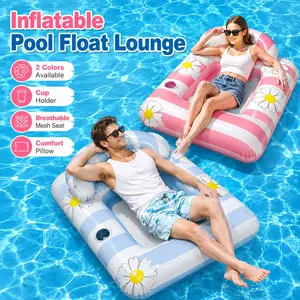 Square Striped Daisy Inflatable Lounge Chair for Adults, Mesh Bottom Floating Bed with Pillow and Cup Holder, PVC Water Float, Summer Pool hammock, Portable Summer Float, pool party decorations, for Swimming Pool, Beach and Lake