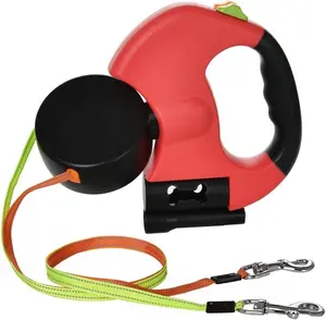 Pet Walking Lead Automatic Extendable Pet Traction Rope Dual Head Pet Leash with LED Light for Dog Cat (Red)
