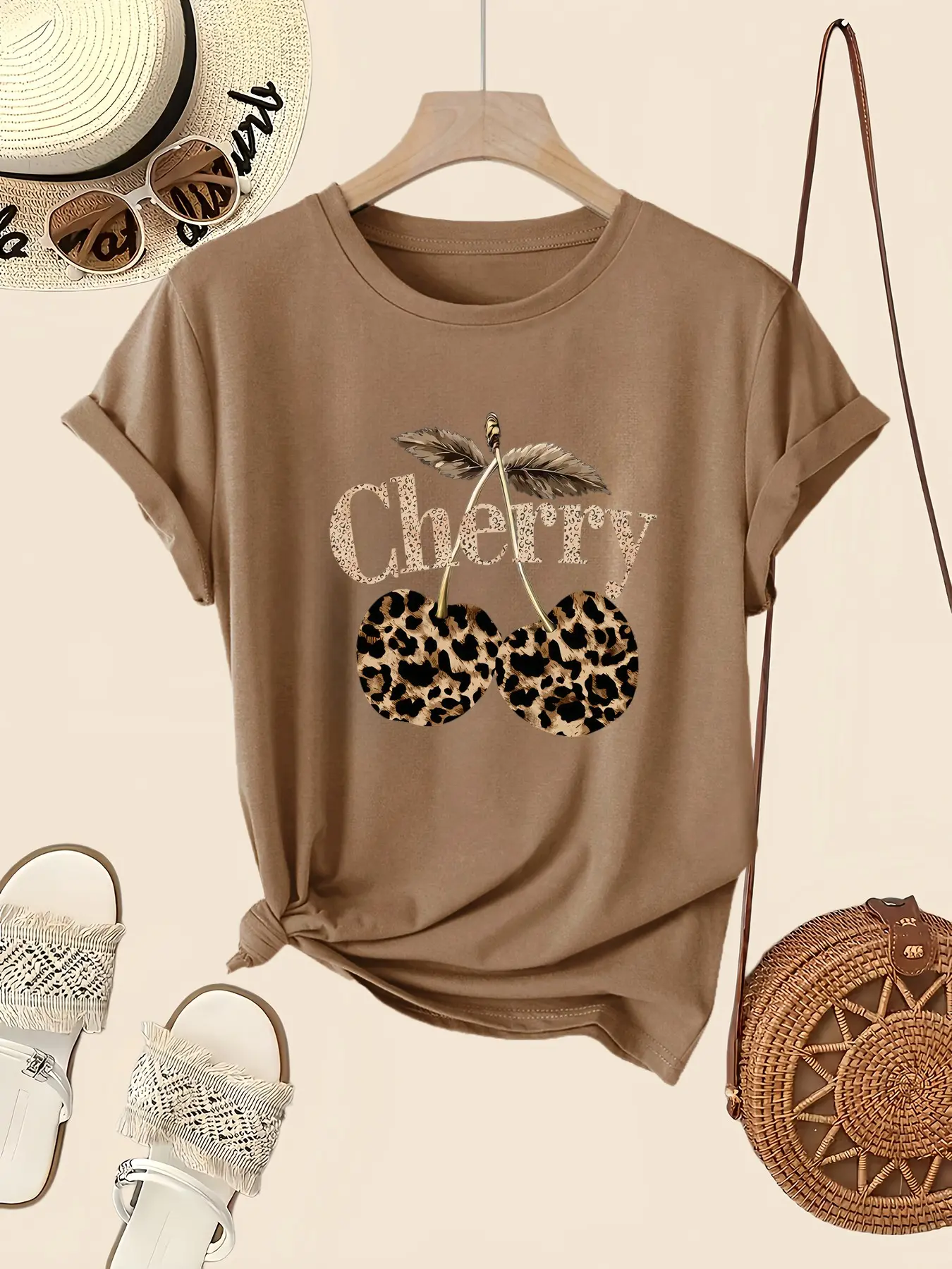 Women's Leopard Print Cherry Pattern T-Shirt, Casual Round Neck Short Sleeve Top, Spring Summer Daily Wear, Everyday, Streetwear