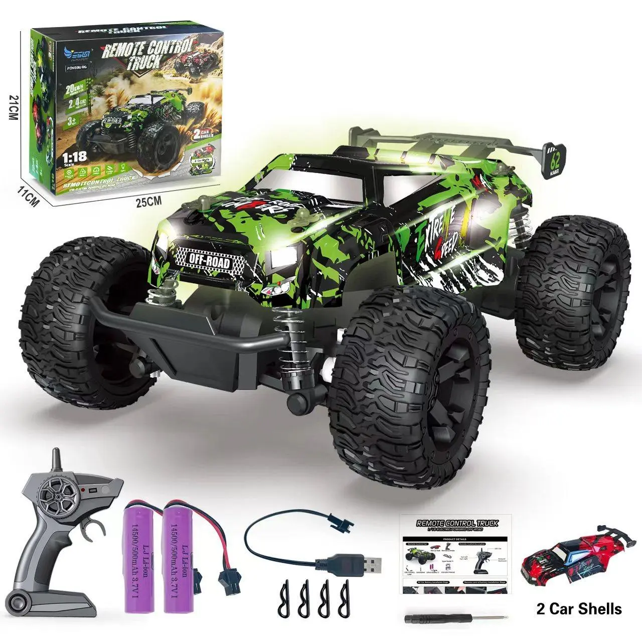 1:18 Scale Remote Control Truck, 25cm Off-Road RC Vehicle with 2 Car Shells & Accessories for Kids
