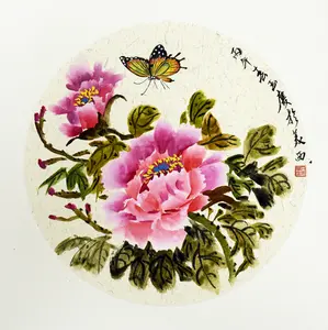 Original Round Floral Painting – Peony and Butterfly