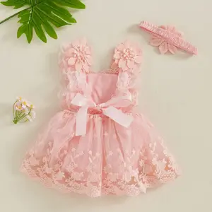 Baby Girl Summer Outfit, Flower Embroidery Tie-Up Mesh Romper Dress Bow Headband 2 Piece Set Infant