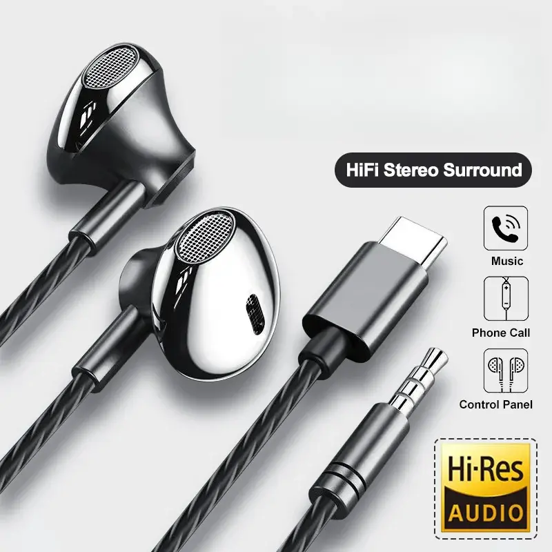 USB Type C Headphone HiFi Bass Stereo Volume Control Mic 3.5mm Wired Earbuds For Android and Apple mobile phones Streaming Digital Audio Remote Button Noise