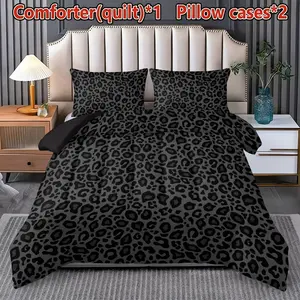 3Pcs U-Shape Quilted Comforter Set, HD Printed Black Leopard Print Bedding with 200GSM Fill, Soft Comfortable All Season Bed Quilt Set with 2 Pillowcases