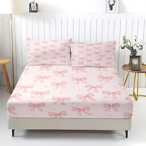 3-piece pink bowknot themed fitted sheet set, featuring a bowknot print pattern, cute and cozy, a comfortable and soft bedding set suitable for bedrooms and guest rooms, fillers not included, Bed Sheet Sets