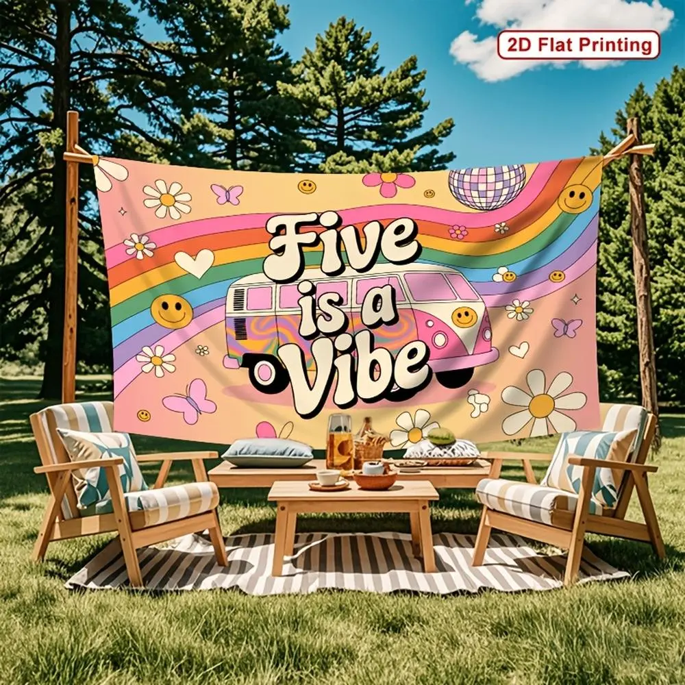 2D Flat Party Backdrop • 2D Flat Banner • 1pc Five Is a Vibe Van Rainbow Flower Joyful Polyester Backdrop • for Party Decor Farm, Garden, Home, Room, Club • No Electricity • Wonderful Gift for Valentine's