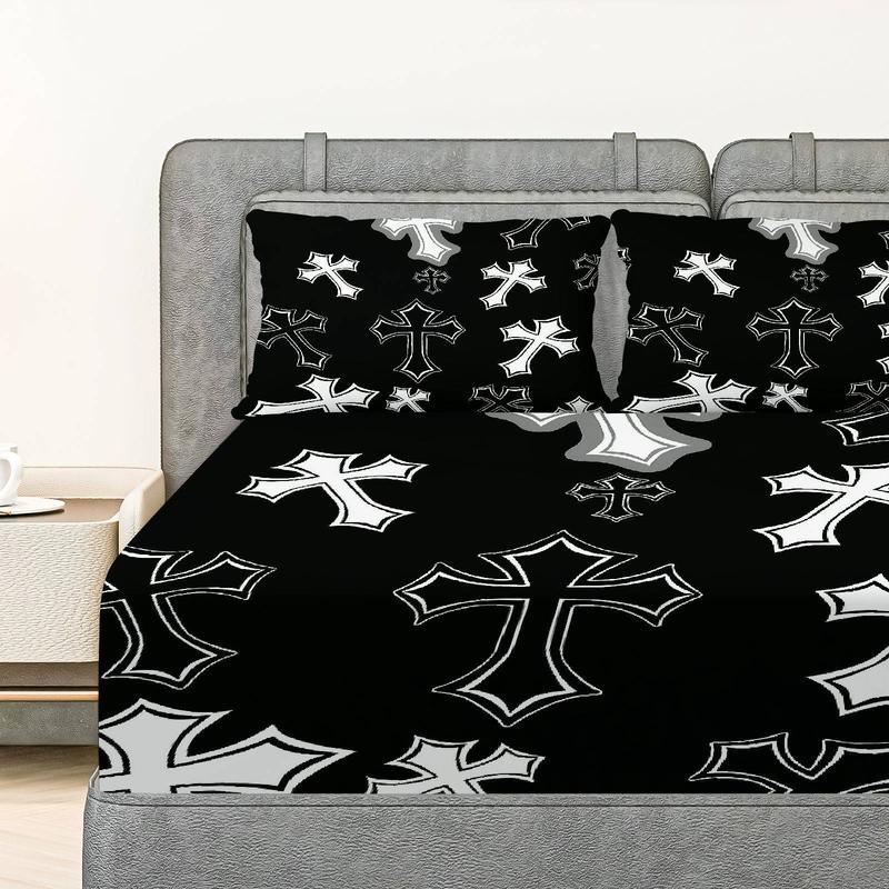 3Pcs Gothic Cross Black Fitted Sheet Three Piece Set (1*Fitted Sheet+2*Pillowcases, Coreless), Halloween theme, Cross Pattern Bedding Set, Mattress Protector Soft, Breathable