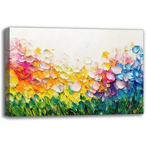 Green Field and Flowers Abstract Acrylic Painting Framed Wall Art Canvas Prints, Hand Painted Country Nature Landscape Art Oil Picture for Farmhouse Wall Decor for Bedroom Bathroom Living Room Easy to hang Artwork 18x12 inch (18W" X 12L")