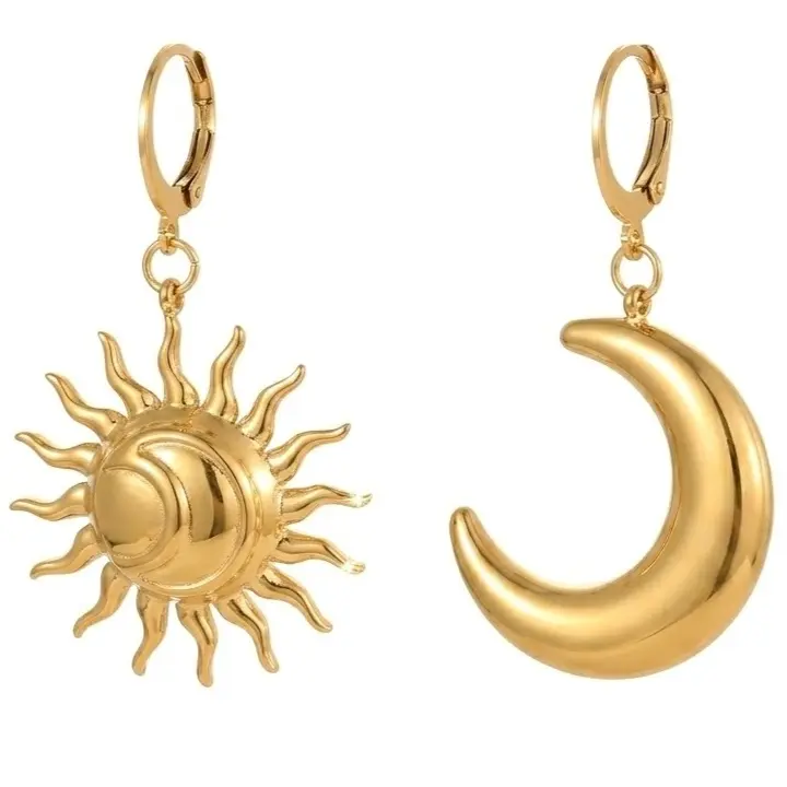 18K Gold Plated Stainless Steel Celestial Sun and Moon Dangle Earrings, Hypoallergenic Leverback Asymmetrical Earrings for Women, Boho Retro Jewelry Gift