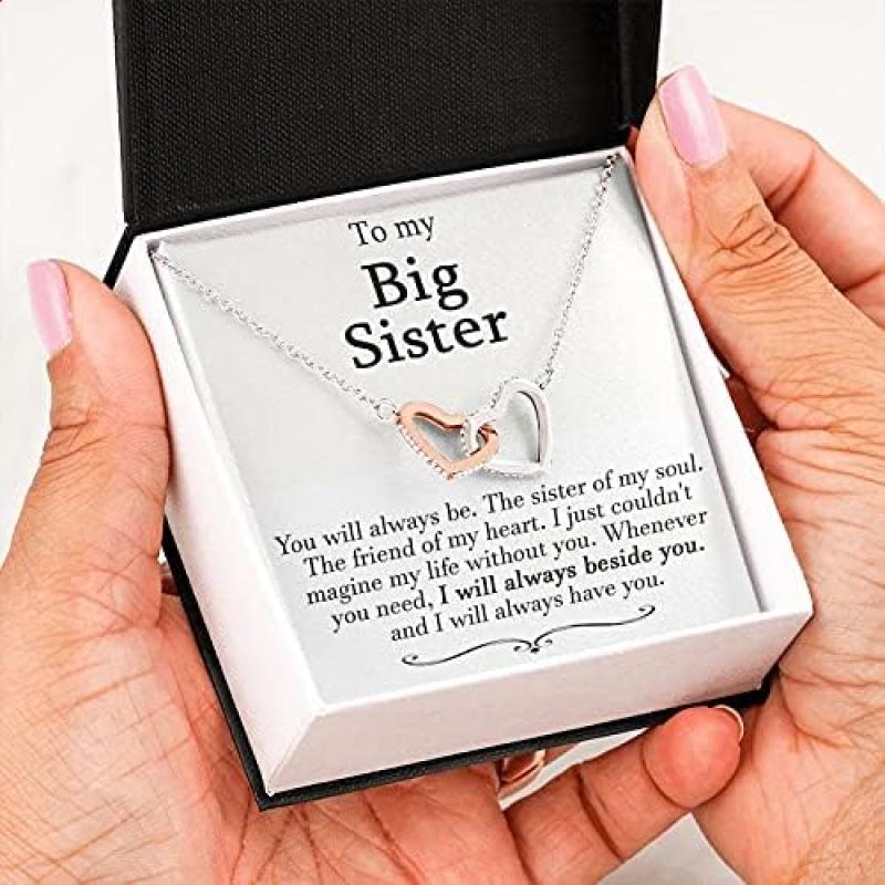Big Sister and Little Sister Necklace, Big Sis Lil Sis Gift, Matching Sister Necklaces, Christmas for sister, Sister to Sister Gift, Interlocking Hearts Necklace I will always beside you. Necklace Jewelry With Meaningful Messages Card & Box