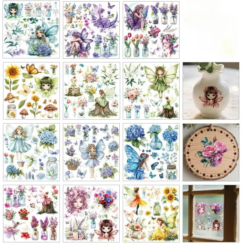 12 Sheets Fairy Rub on Stickers for Crafts and Furniture, 12 Styles Fairy Vase Flower Transfer Stickers Plant Butterfly PVC Rub On Decals for DIY Home Window Craft Decor, 14x14cm