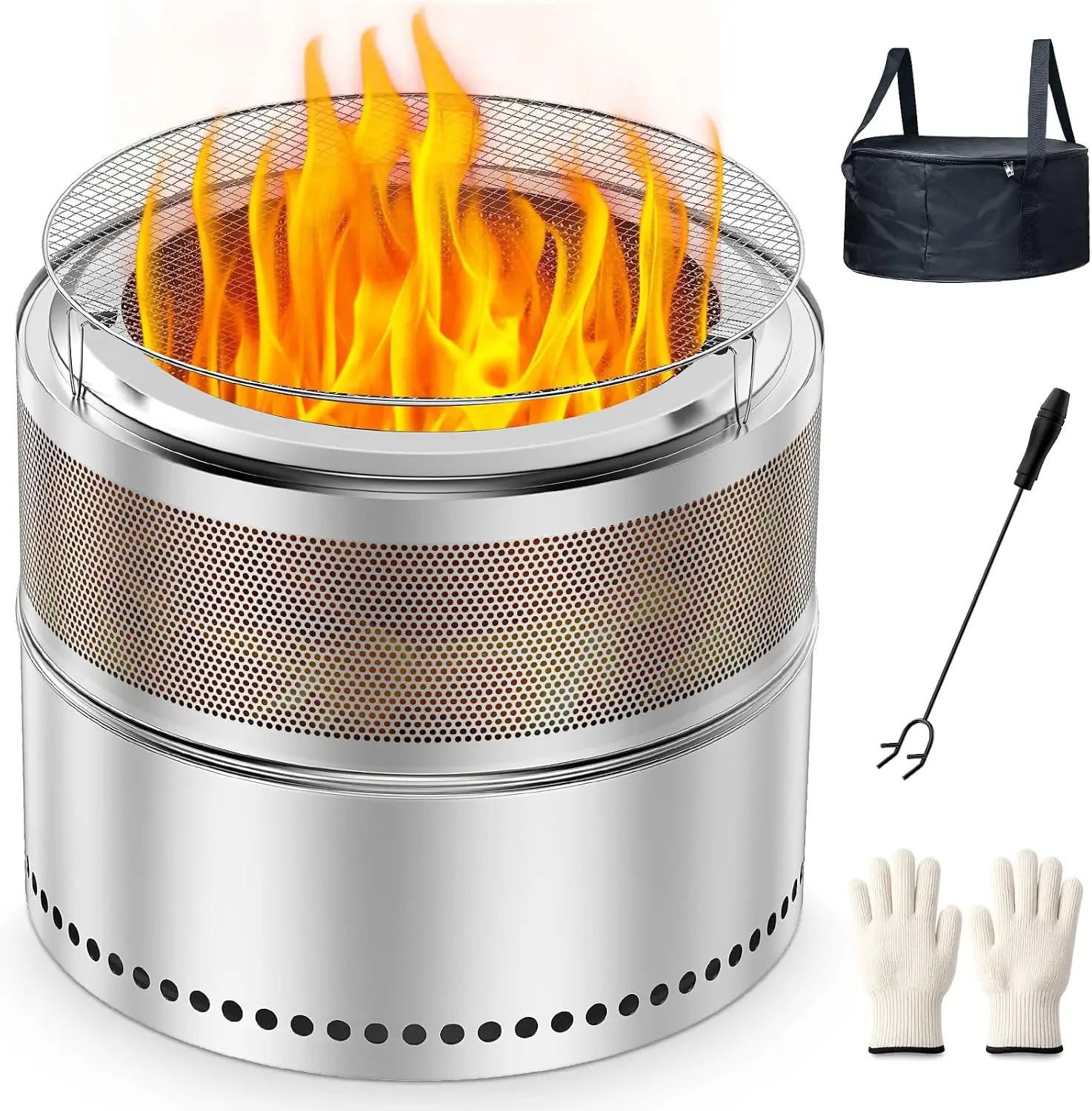 Smokeless Fire Pit 20 Inch, Portable Stainless Steel Firepit Outdoor | 360° Airflow Low Smoke Wood Burning Fire Pit for Camping, RV & Patio, With Grill Grate, Carry Bag & Heat-Resistant Gloves