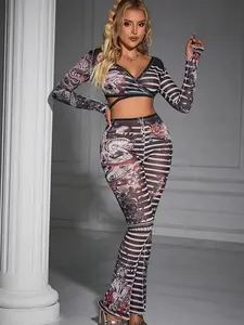 Mesh printed tight-fitting graphic Print Set Spandex Womenswear