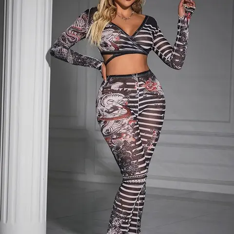 Women's 2-Piece Comfortable Lightweight Graphic Mesh Printed Long Sleeve Top & Flare Pants Outfit Set, 2 Piece Sets for Women