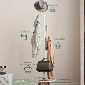 1pc Cream Light Luxury Wrought Iron Floor Standing Coat Rack with Storage Basket And Multiple Hooks, Bottom with Pulley for Movable Use, Modern And Simple Vertical Hanging Rack with Baking Paint Technology