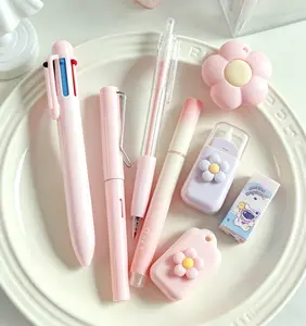 Cute Back to School Stationery Bundle 7 Pcs - Kawaii Gift Set with Gel Pen, 6-Color Ballpoint Pen, Highlighter, Correction Tape & Heart Eraser - Trendy Student Present & Graduation Favor for Kids