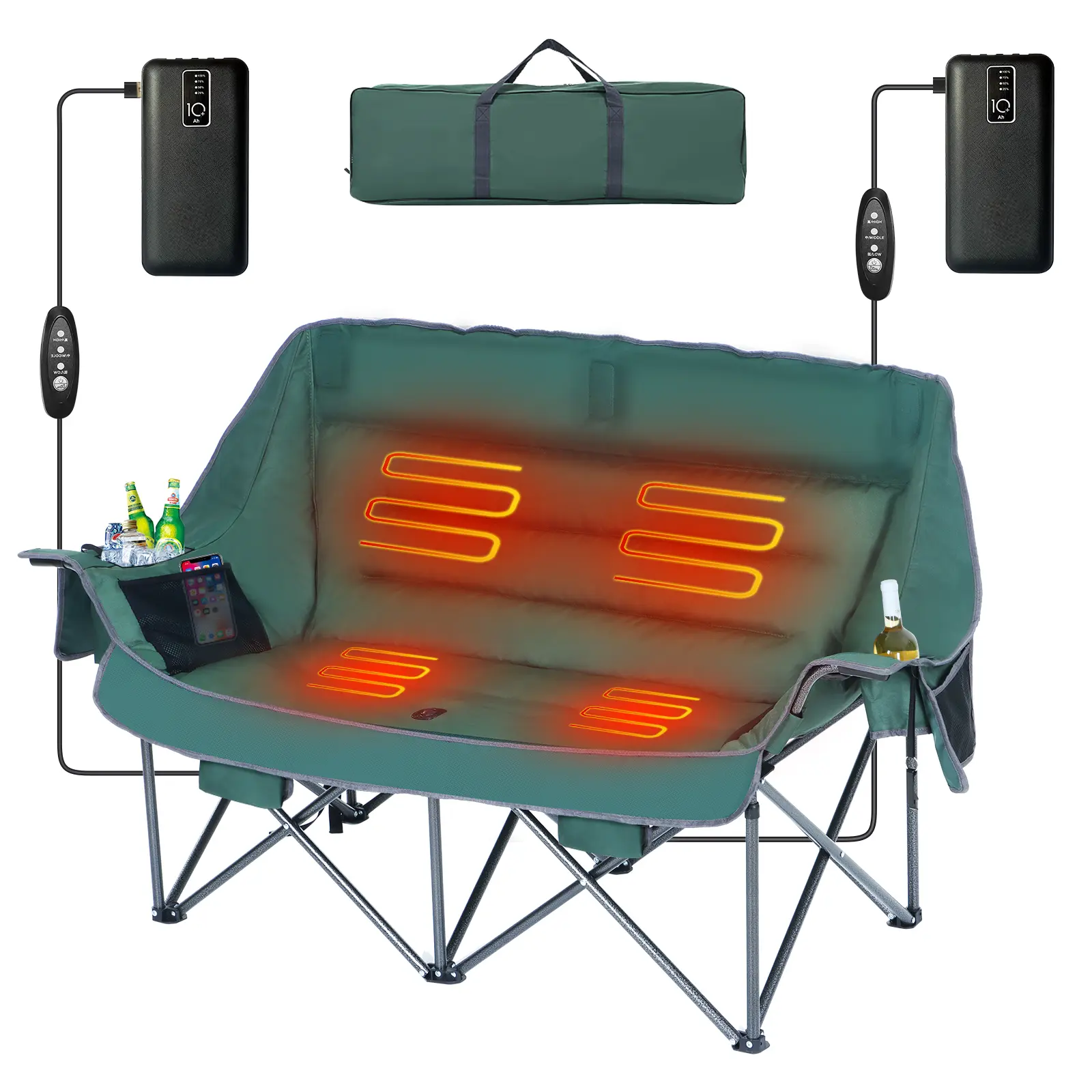 Oversized Heated Camping Loveseat Extra Padded Double Chair with Cooler & Storage Portable Electric Heating System