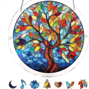 Acrylic Stained Glass Suncatcher Puzzle Kit - DIY Round Flower & Mountain Sun Catcher Hanging Decor, Unique Window Art & Stress Relief Craft